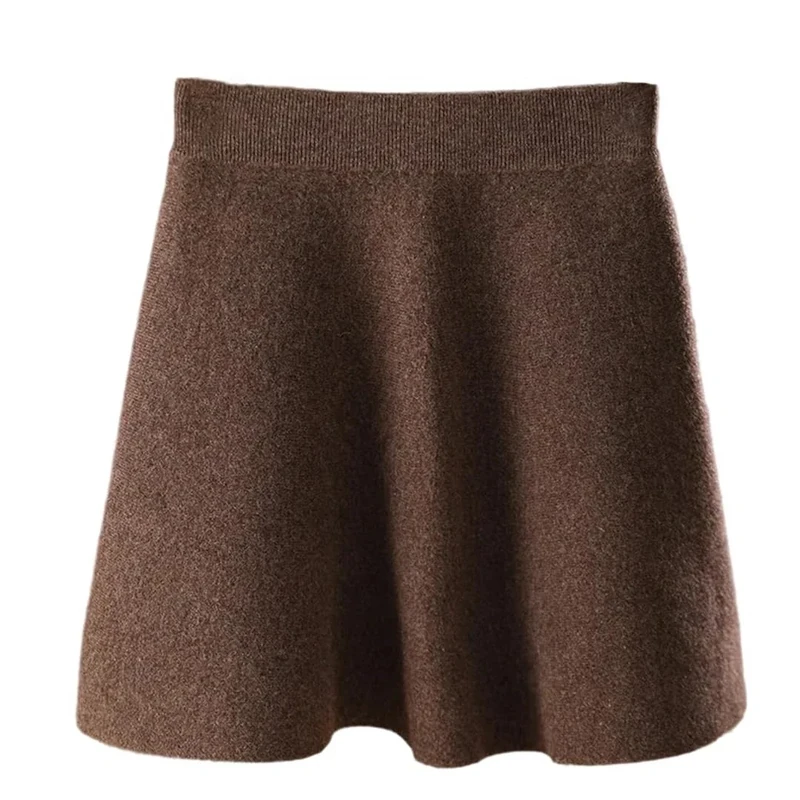 Women Woolen Knit Pleated Skirt Mini Elastic Waist Casual Skirt Fall Winter Dark Brown L
