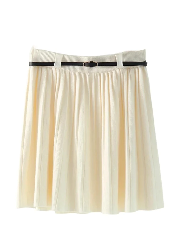 Women Short Pleated Skirt Women Winter High Waist A Line with Belt Mini Skirts Fall Winter White One Size