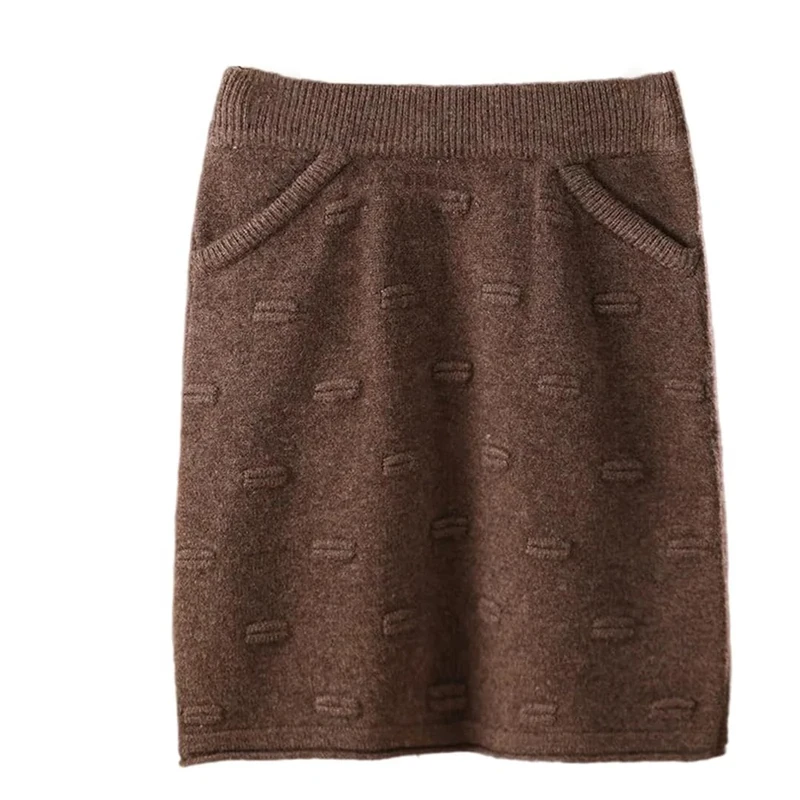 Women Knit Woolen Skirt Elastic Mini Casual Waist Slim Fit Pattern Fall Winter Dark Brown L