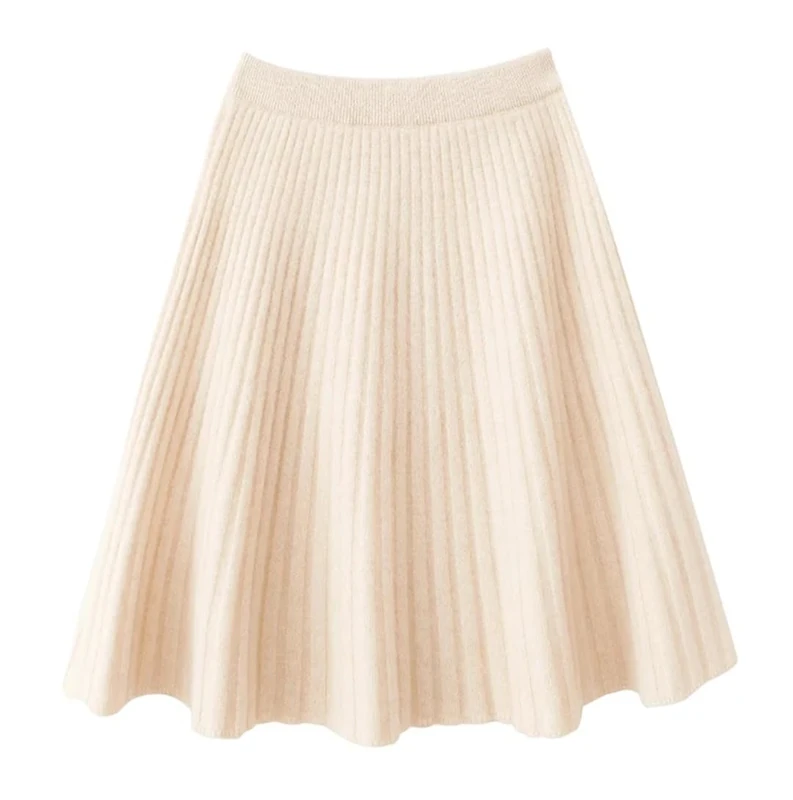 Women Woolen Skirt Knit Mini Solid Sweater A-Line Skirt Fall Winter Beige S