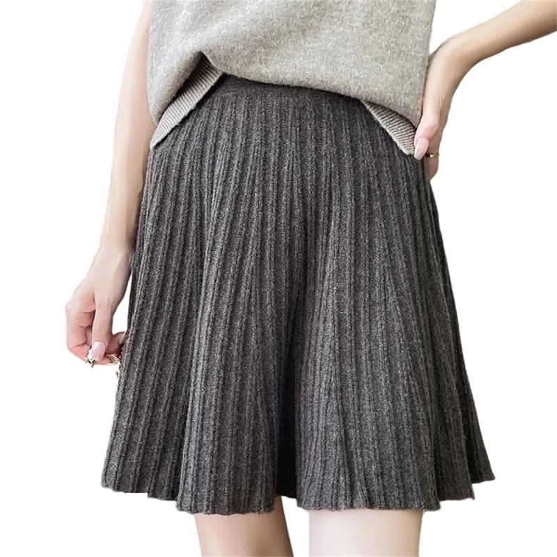 Women Mini Woolen Knit Skirt Fall Winter Pleated Short Skirts Dark Brown M