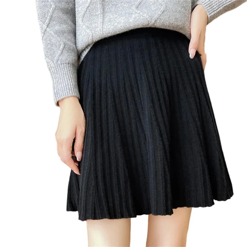 Women Mini Woolen Knit Skirt Fall Winter Pleated Short Skirts Black M