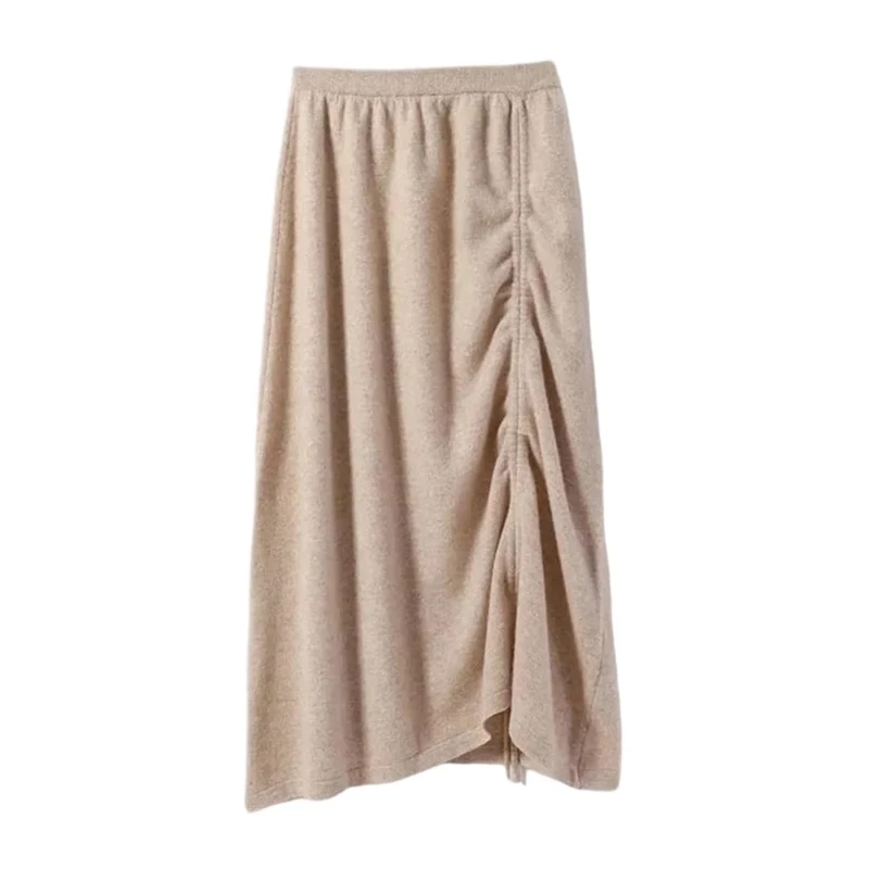 Women Woolen Midi A Line Knit Mini Skirt High Waist Solid Skirts Beige A One Size