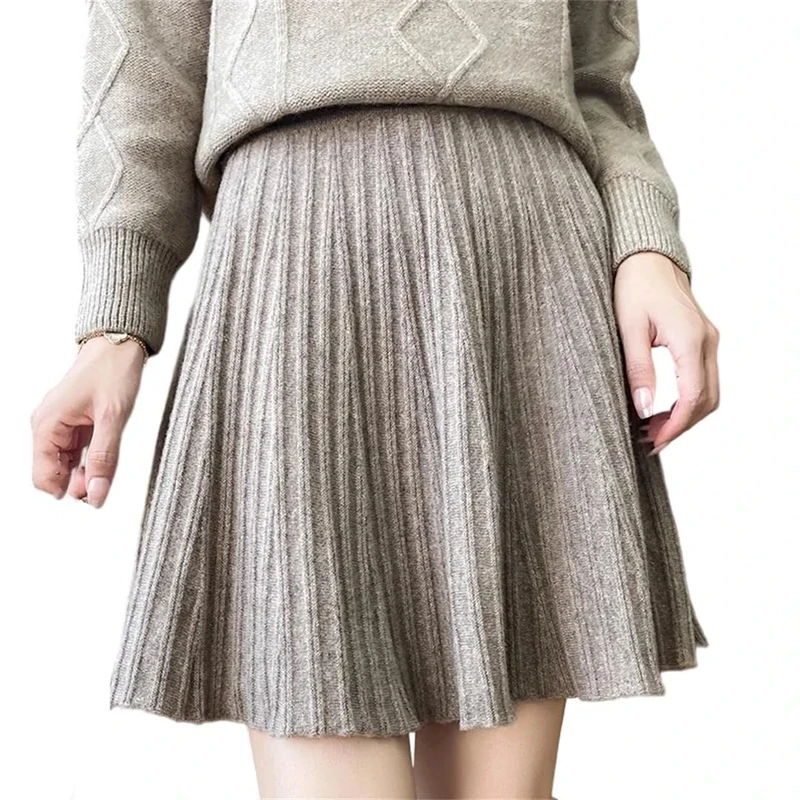 Women Mini Woolen Knit Skirt Fall Winter Pleated Short Skirts Gray M