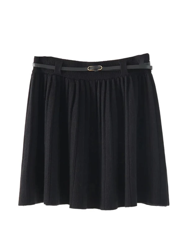 Women Short Pleated Skirt Women Winter High Waist A Line with Belt Mini Skirts Fall Winter Black One Size