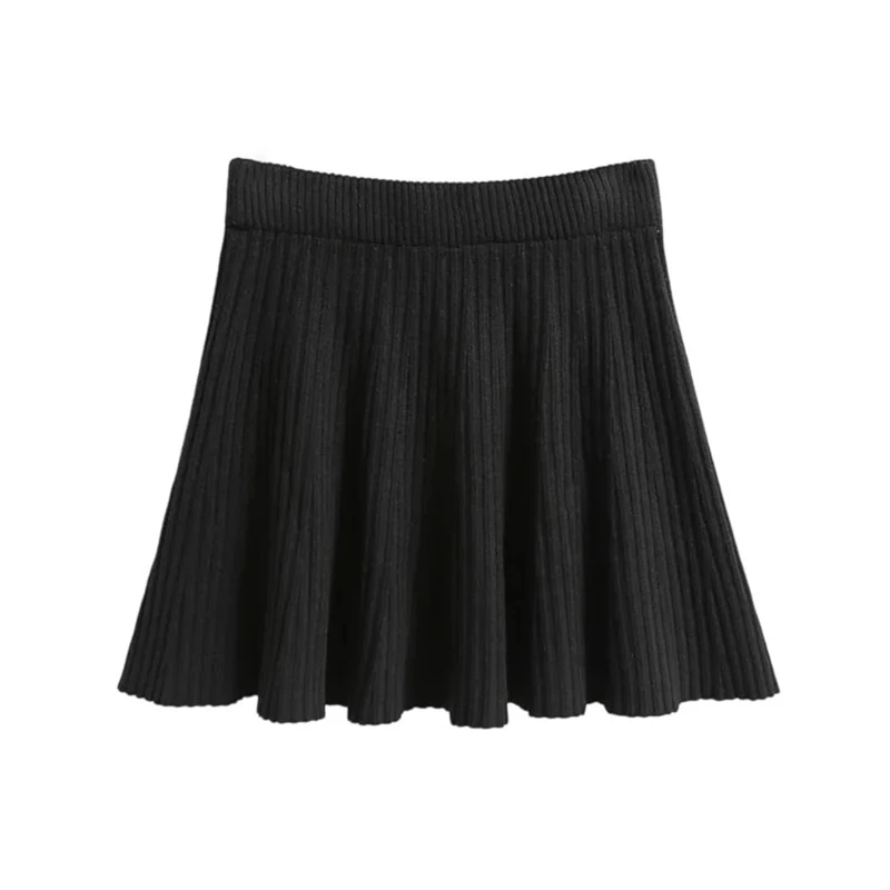 Women Woolen Solid Pleated Skirt Female High Waist Mini Knit Skirts Fall Winter Black One Size
