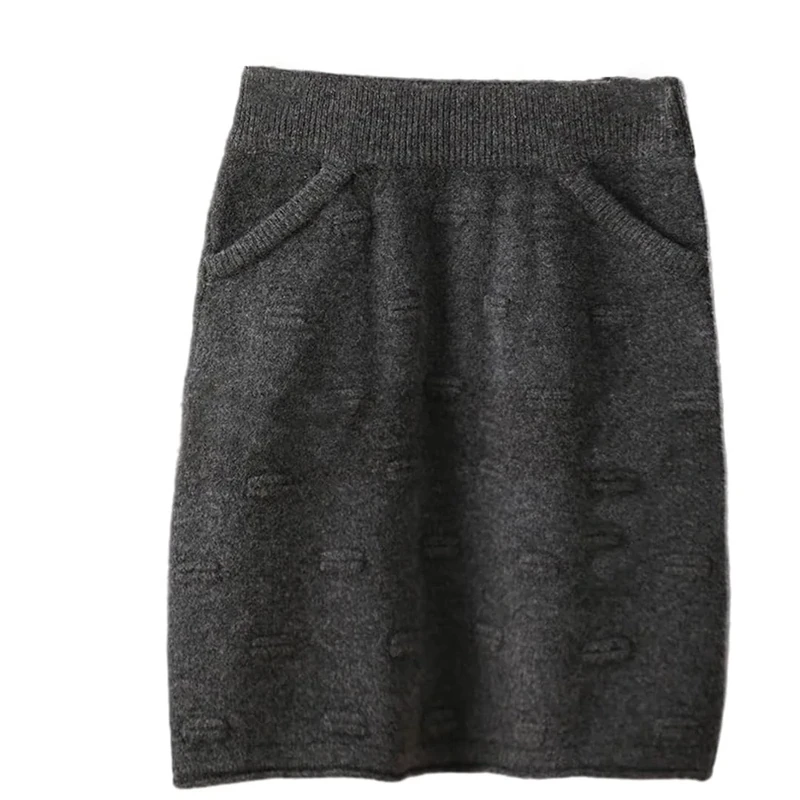 Women Knit Woolen Skirt Elastic Mini Casual Waist Slim Fit Pattern Fall Winter Dark Gray9 L