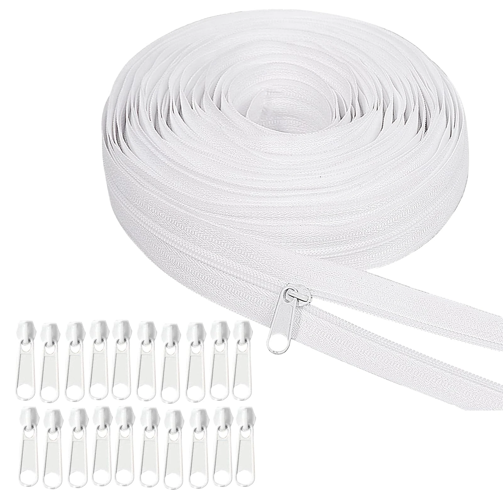 Continuous Zip, White Zip, 10m Zipper, Replacement Endless Sewing Zippers, Transparent Zipper Set,20 Pulls A Must-Have for DIY Crafts and Sewing Projects DIY Dressmaking, Bags, Tailor