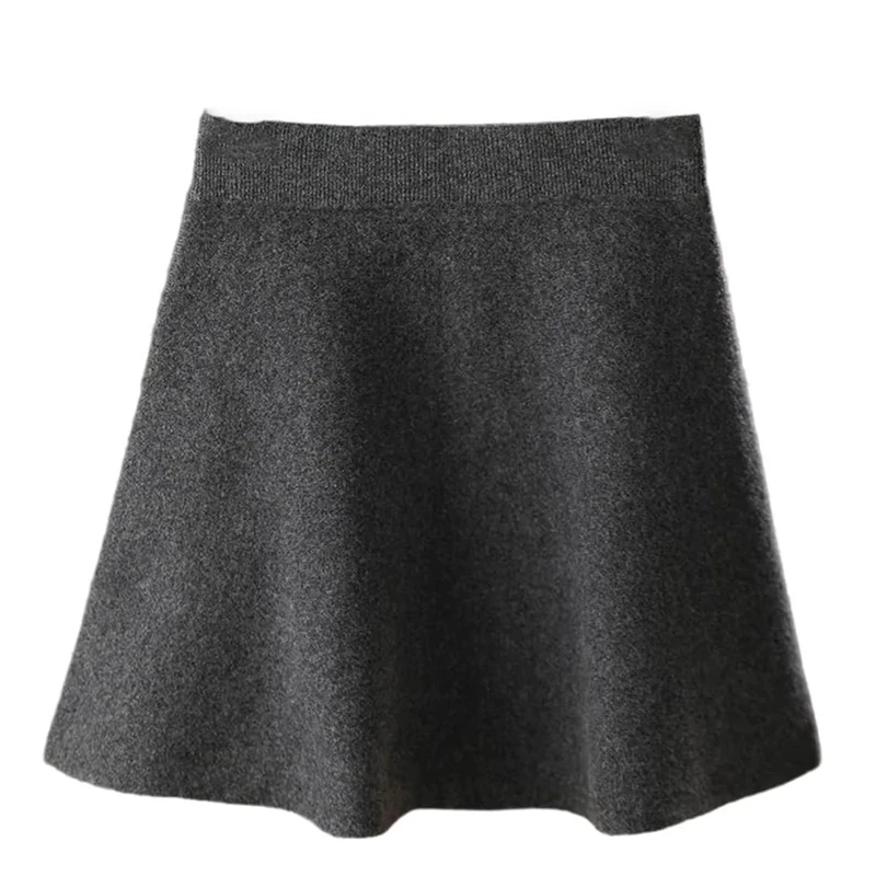 Women Woolen Knit Pleated Skirt Mini Elastic Waist Casual Skirt Fall Winter Dark Gray9 L