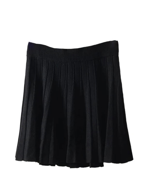 Women Pleated Mini Skirt High Waist Long Knitted Skirt Solid Short Ladies Autumn Fall Black One Size