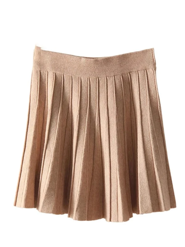 Women Pleated Mini Skirt High Waist Long Knitted Skirt Solid Short Ladies Autumn Fall Khaki One Size