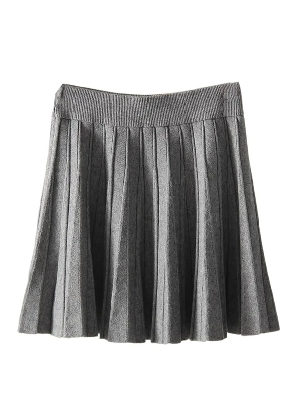 Women Pleated Mini Skirt High Waist Long Knitted Skirt Solid Short Ladies Autumn Fall Gray One Size