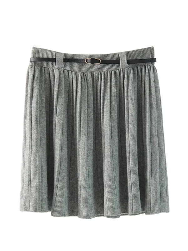 Women Short Pleated Skirt Women Winter High Waist A Line with Belt Mini Skirts Fall Winter Gray One Size