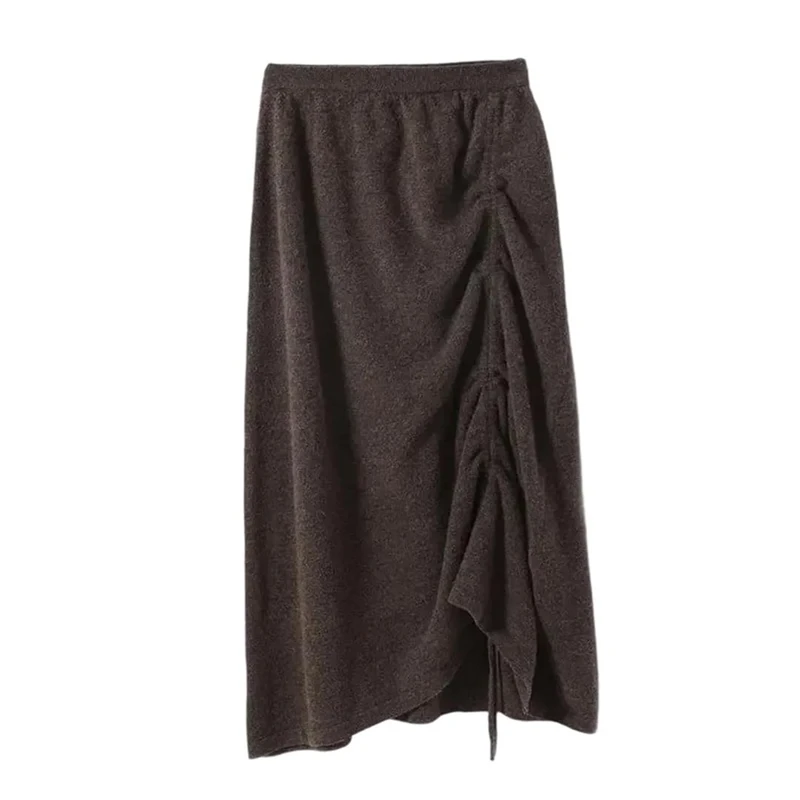 Women Woolen Midi A Line Knit Mini Skirt High Waist Solid Skirts Brown One Size