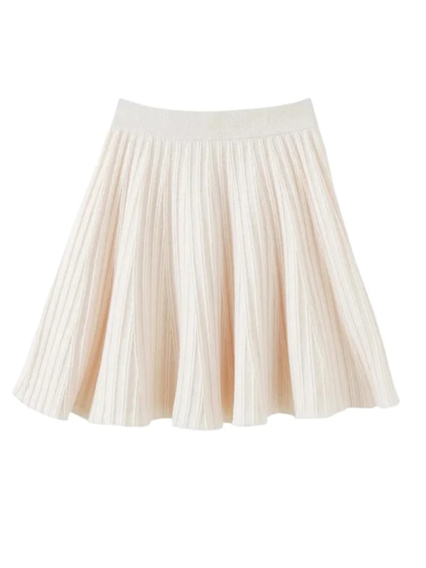 Women Mini Woolen Knit Skirt Fall Winter Pleated Short Skirts Beige M