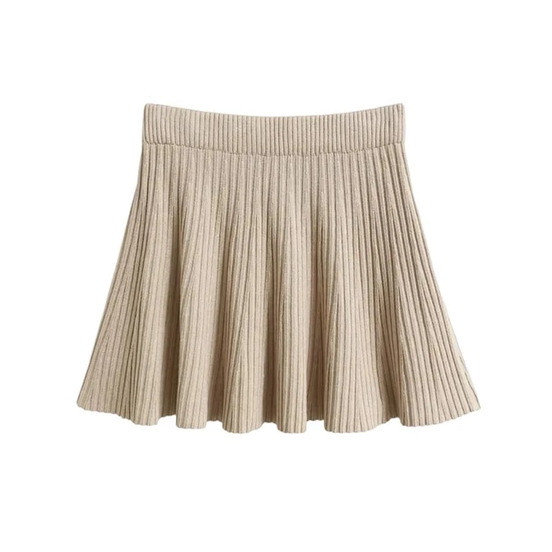 Women Woolen Solid Pleated Skirt Female High Waist Mini Knit Skirts Fall Winter Khaki One Size