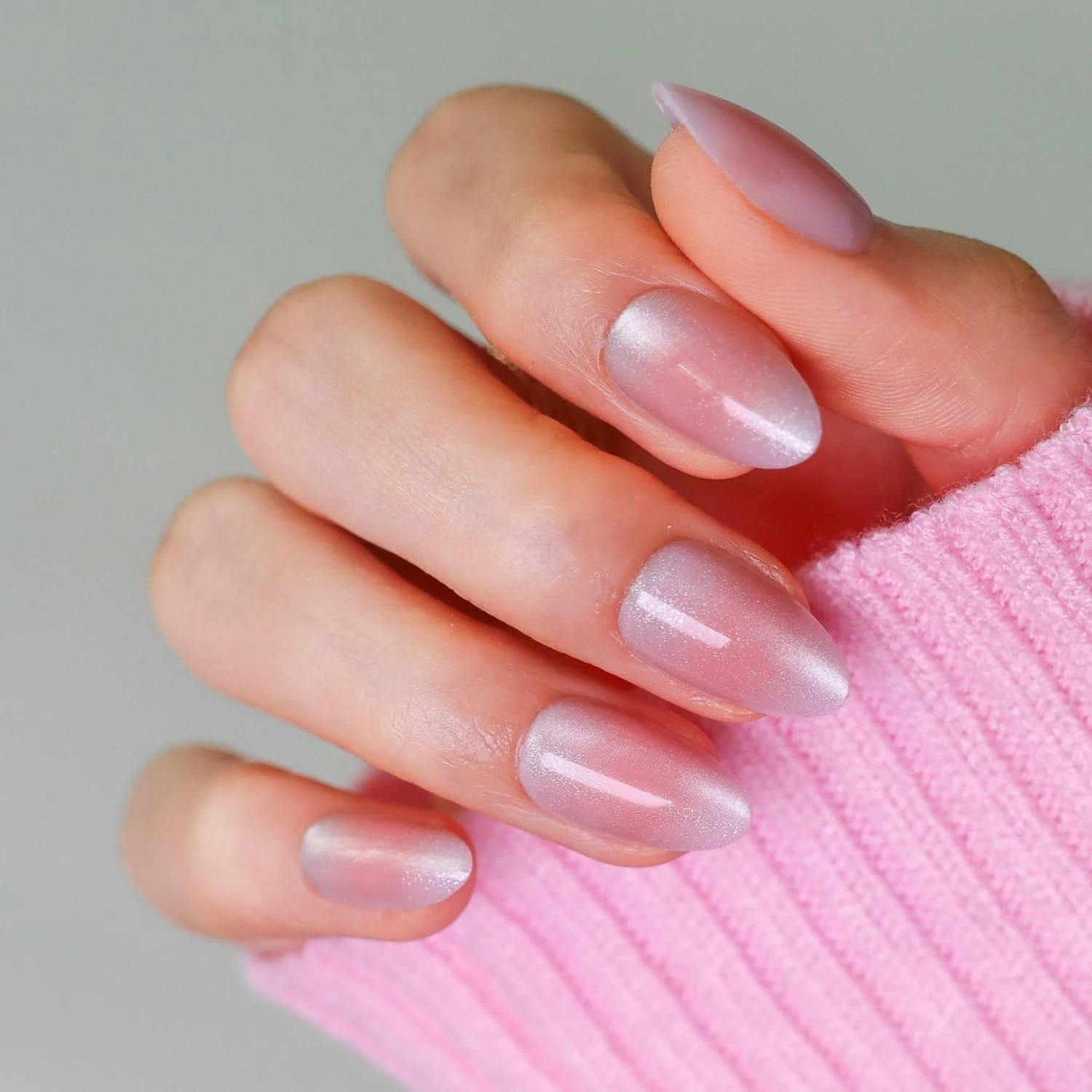 LAMIMOSA 32Pcs Press On Nails Short Almond, False Nails with Glue, Soft Gel Fake Nails in 16 Sizes with Mesmerising Cat Eye Effect, Reusable Stick On Nails Kit, PEACHY BLUSH