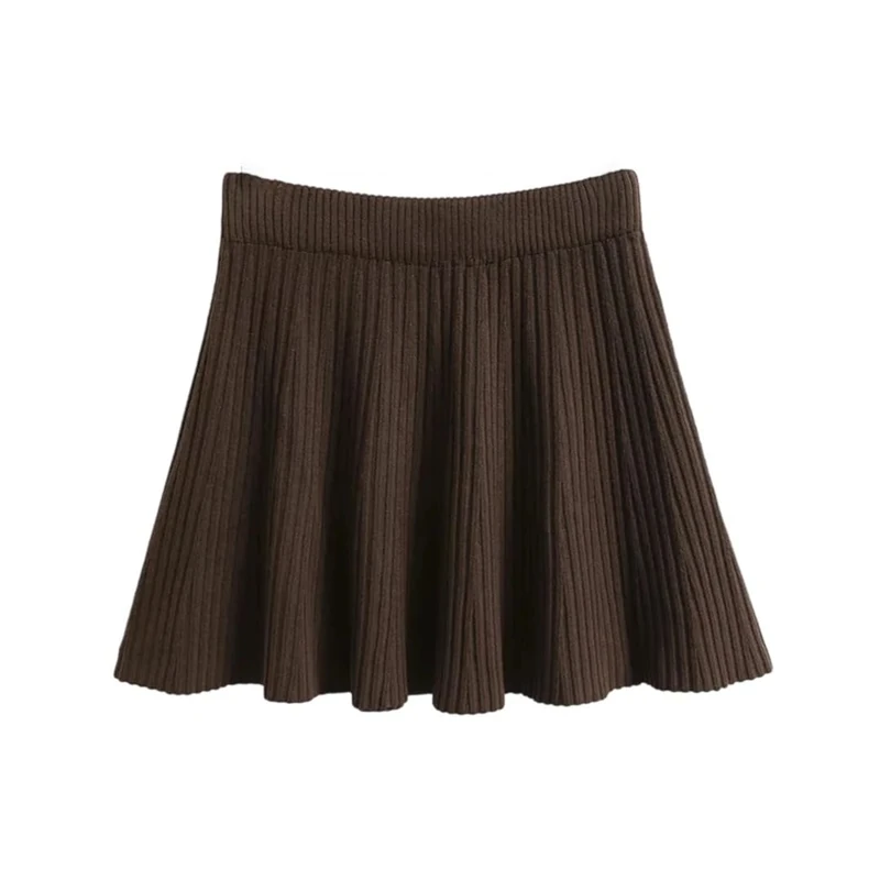 Women Woolen Solid Pleated Skirt Female High Waist Mini Knit Skirts Fall Winter Coffee One Size