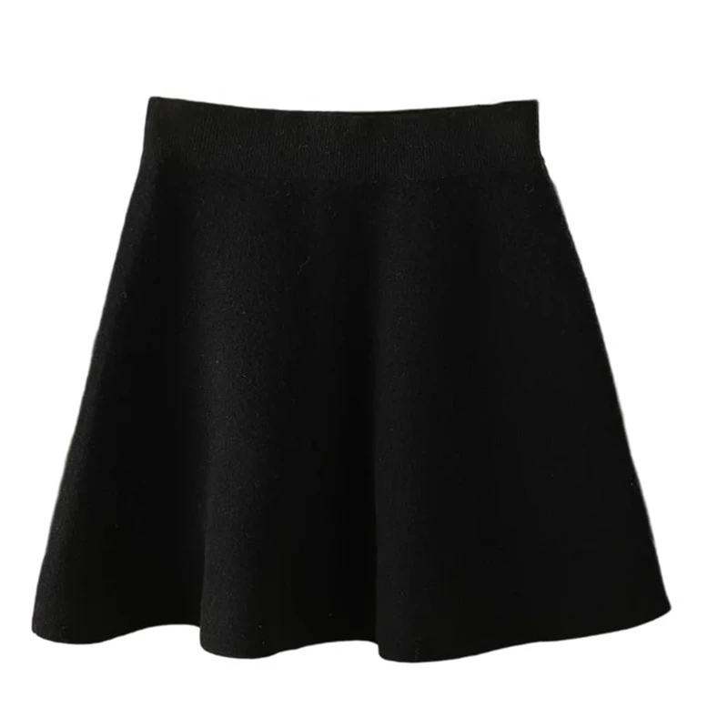 Women Woolen Knit Pleated Skirt Mini Elastic Waist Casual Skirt Fall Winter Black L