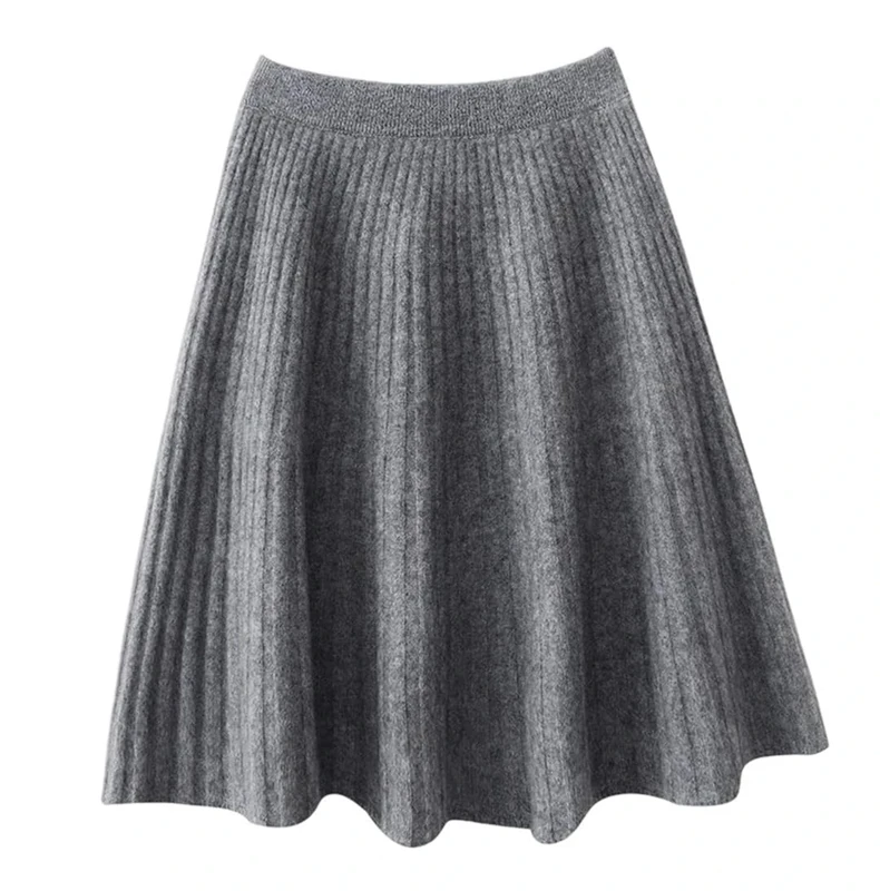 Women Woolen Skirt Knit Mini Solid Sweater A-Line Skirt Fall Winter Dark Gray9 S