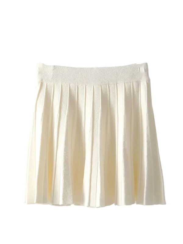 Women Pleated Mini Skirt High Waist Long Knitted Skirt Solid Short Ladies Autumn Fall White One Size