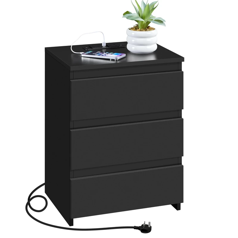 Yaheetech Bedside Table with Charging Station - Nightstand with 2 USB Ports, 2 Outlets & 3 Drawers, End Table for Bedroom, Living Room, Small Spaces, Black