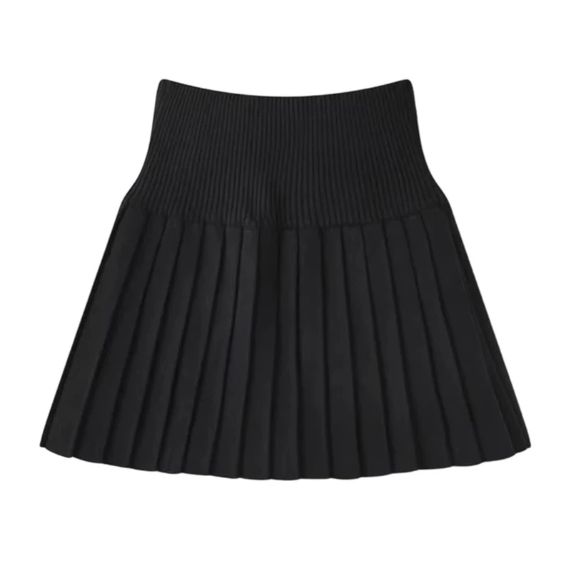Women Outdoor Mini Pleated Skirt Wide Waist Elastic Knit Ruffle Skirt Casual Versatile Short Skirts Black M