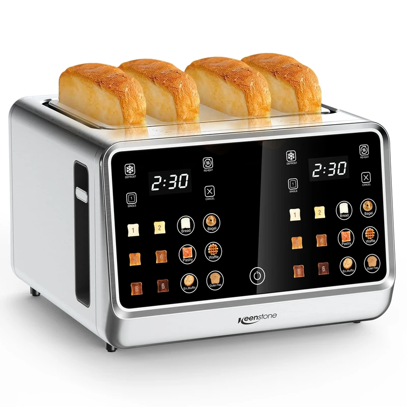 Keenstone Toaster 4 Slice, Digital Smart Toaster with TouchScreen, Dual Control Panel, Single Slot Toasting, Timer, Reheat & Defrost for Bagels, Bread, Waffles, Stainless Steel (Silvery, 4)