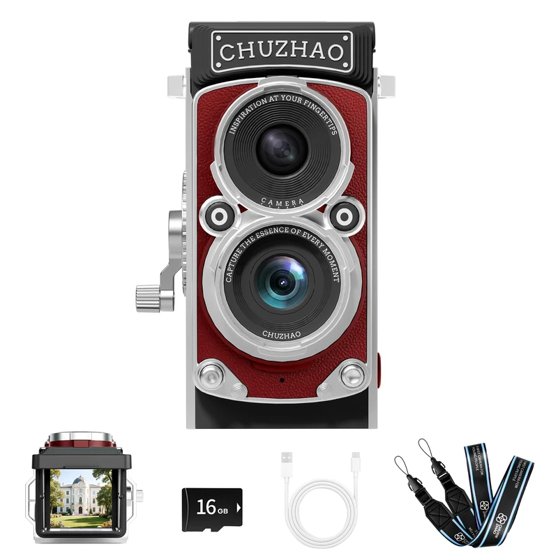 CHUZHAO Classic Mini Digital Camera, TLR Style Portable Tip and Shoot, Compact Small Pocket 1080P FHD Video 12MP Autofocus Vlogging Camera with 16GB Card for Beginners
