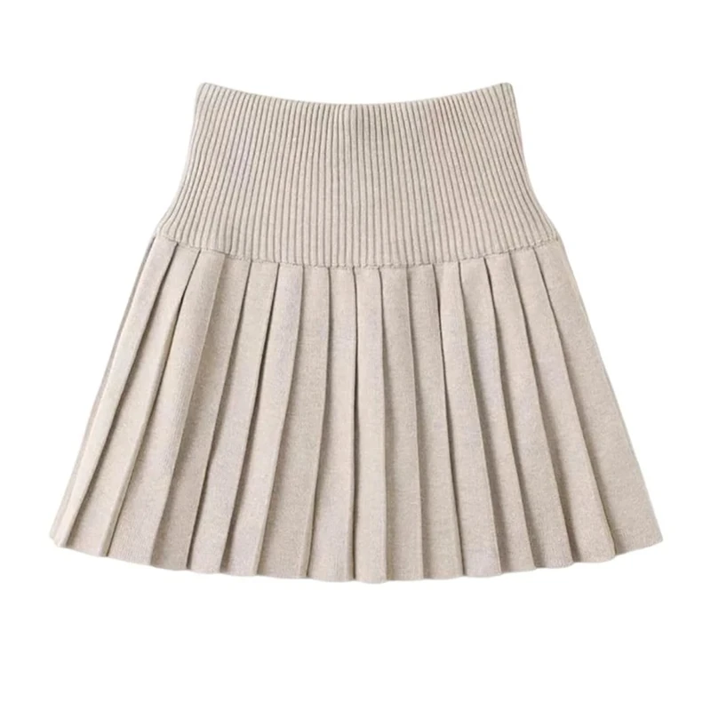 Women Outdoor Mini Pleated Skirt Wide Waist Elastic Knit Ruffle Skirt Casual Versatile Short Skirts Khaki M