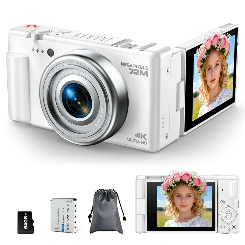Digital Camera 4K, 72MP Autofocus Vlogging Camera for YouTube with 18X Digital Zoom, 2.8" 270°Flip Screen Compact Travel Cameras with 64GB Card & Battery for Teens Beginners Photography