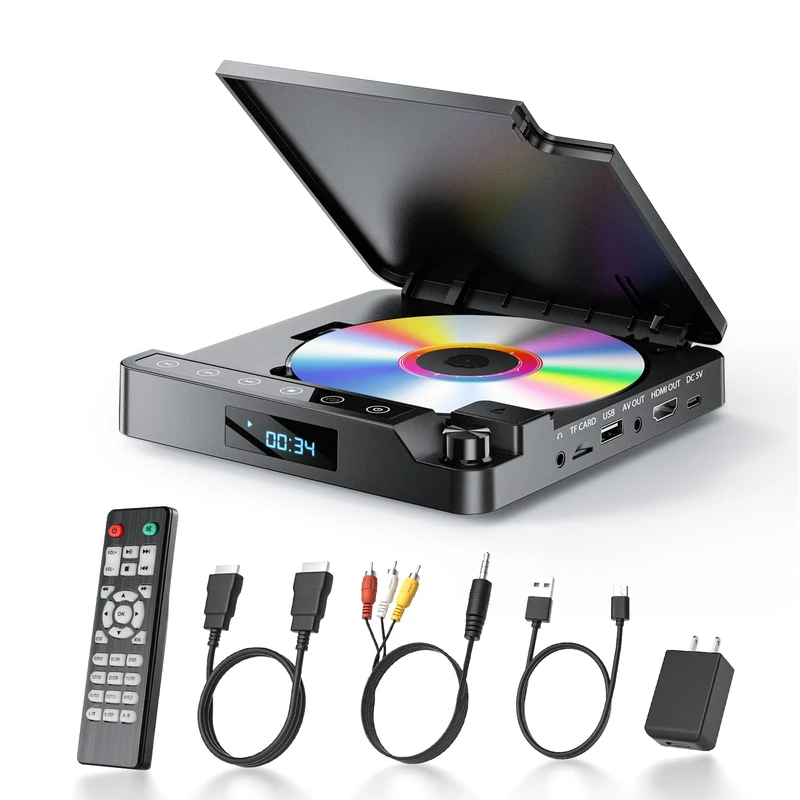 Desobry DVD Player for TV 1080P, Multi region free dvd player HDMI/AV output and USB/TF Card input, with cables and remote control, Mini DVD/CD Player with Last Memory