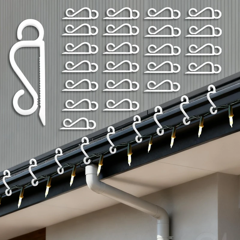 Gutter Hooks for Outdoor Lights, Isisyu 60 Pcs Slip-resistant Christmas Light Gutter Clips with Reusable, Weatherproof, Plastic, Flexible, Durable for Hanging Xmas Icicle Curtain Fairy Lights