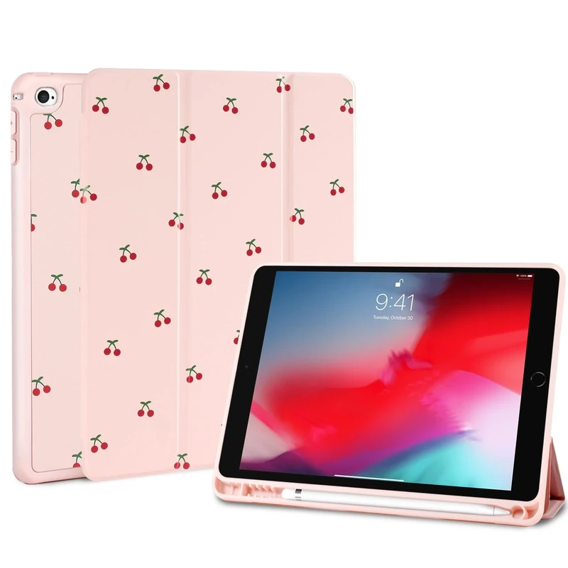 Fycyko Compatible with iPad 9.7 Inch Case, iPad 6th/5th Generation 2018/2017 Pink Coquette Cherry Design with Pencil Holder Shockproof Flexible TPU Protective Cover for iPad 9.7