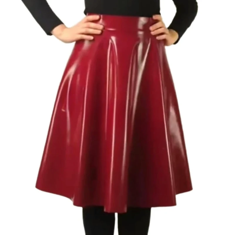TIANXIAOQWE Natural Latex Woman Mini Knee-Length Rubber Skirts for Daily Wear Halloween Party Dark Red