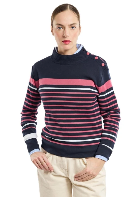 Armor Lux Women's Pull Pullover Sweater, Rich Navy/Raspberry/Natural, S