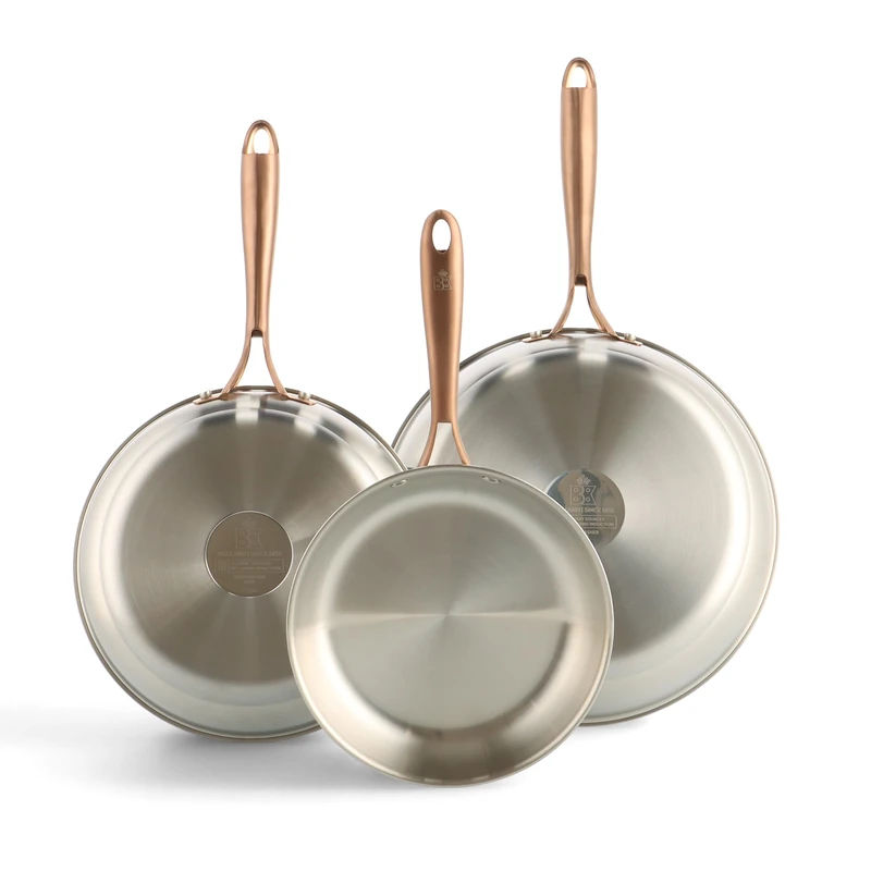 BK Cookware Rose Stainless Steel Frying Pan Set, 3-Piece, Diameter 20/24/28 cm, Induction, Uncoated, Oven-Safe up to 230 °C, Dishwasher Safe, 18/10 Stainless Steel, Silver - Image 1