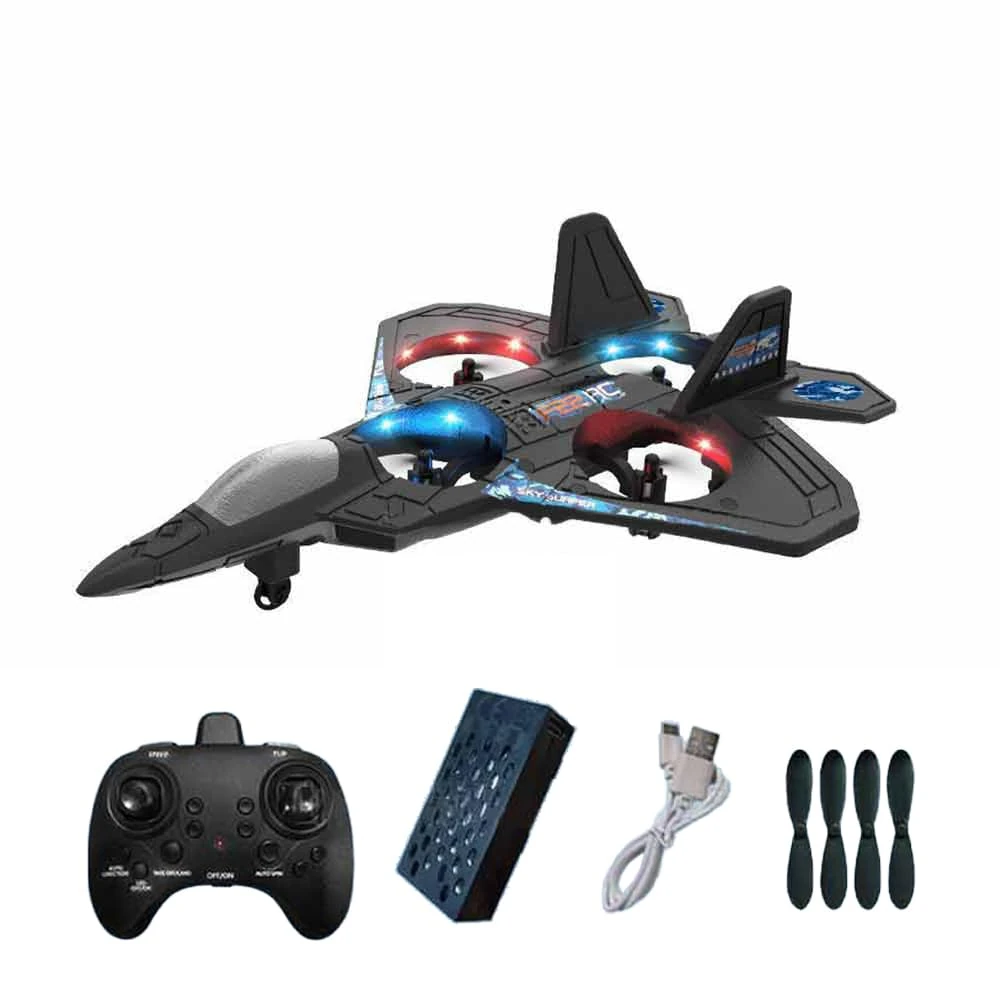 2.4GHz Remote Control Airplane – Foam Jet Fighter with LED Lights, 3 Speed Modes, 6-Axis Gyro, 4 Extra Propellers for Kids & Beginner Pilots