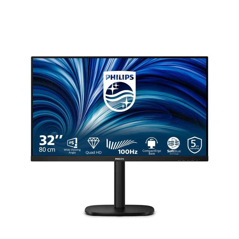 Philips 32B2U3601H 31.5 inch WQHD Monitor 100Hz, IPS Panel, 4ms GtG, Adaptive Sync, Height Adjustment, Speakers, Hello Webcam (2560x1440 HDMI 1x 2.0 (2.1 TMDS) DP USB Hub) Black - Image 1