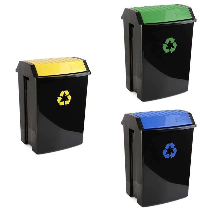 TATAY Recycling Kitchen Bins with Swing Lid 50L | 3 Units: Plastic, Cardboard, and Glass | Indoor and Outdoor Use | Anti-UV Finish | Fits 30L to 50L Bags | BPA-Free Durable Plastic