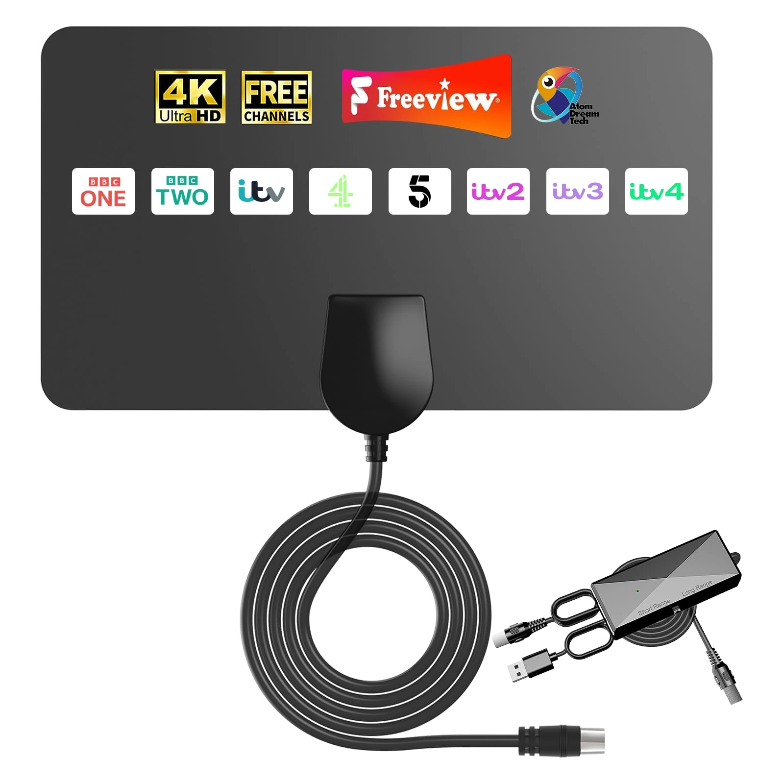 TV Aerial Indoor Thin Flat Digital TV Aerial with Signal Booster for Smart TVs, Strong 360° Reception, Adhesive Mounting, Supports 8K 4K 1080P, 5m Coaxial Cable