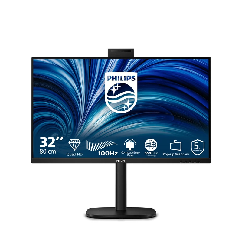 PHILIPS 32B2U3601H 32 inch WQHD Monitor 100Hz, IPS Panel, 4ms GtG, Height Adjustment, Webcam, Speakers, (2560x1440 HDMI 1x 2.0 DP 1x 1.4 USB Hub) Black