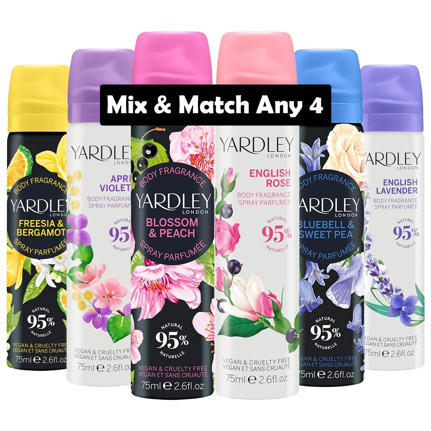 Yardley London Body Spray 75ml Bundle – Choose Any 4 Scents – English Rose, Blossom & Peach, April Violets, Bluebell & Sweetpea, Freesia & Bergamot, English Lavender – Long-Lasting Freshness