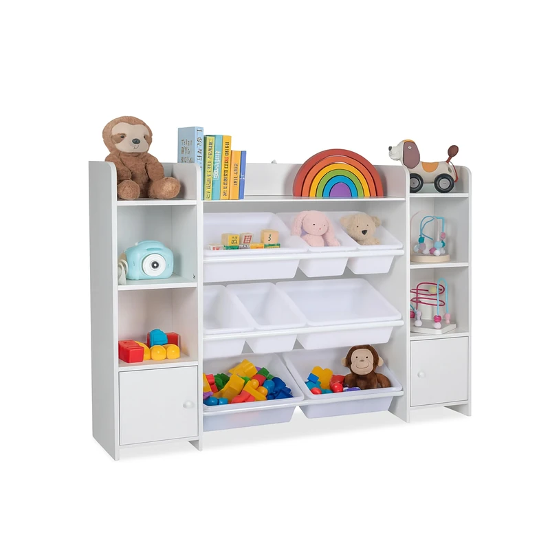Relaxdays large children's bookcase, 8 boxes, many compartments, HxWxD: 94 x 139 x 30 cm, toy storage unit, white