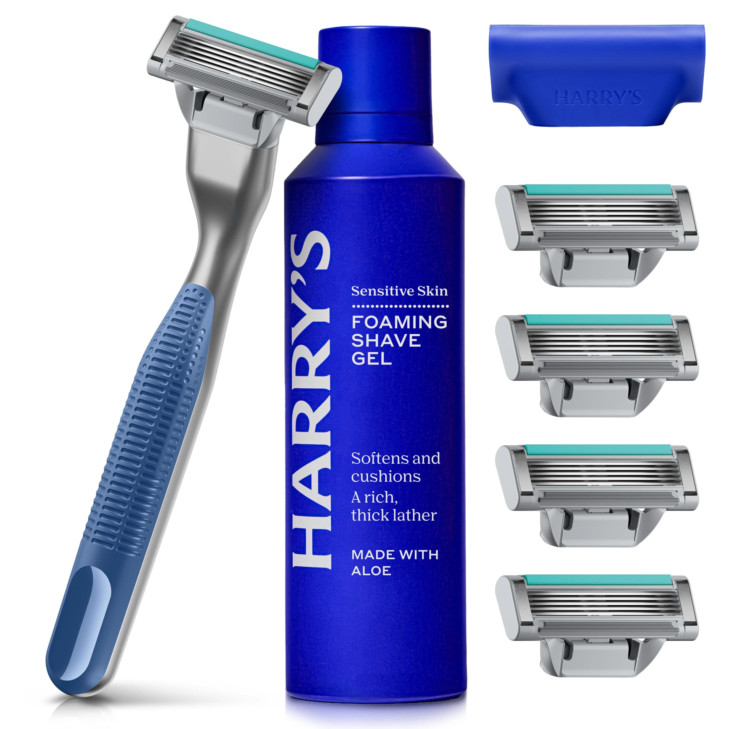 Harry's Plus Razors for Men - Starter Set (Tide) - 1 Handle with 5 Razor Refills, 60ml Foaming Shave Gel and Travel Blade Cover