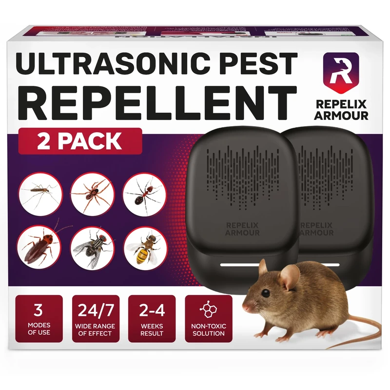 REPELIX ARMOUR Indoor Ultrasonic Pest Repeller – Pack of 2 – Covers 140m² per Device – 3 Modes – Repels Mice, Rats, Spiders, Mosquitoes, Ants, Bugs & Flies