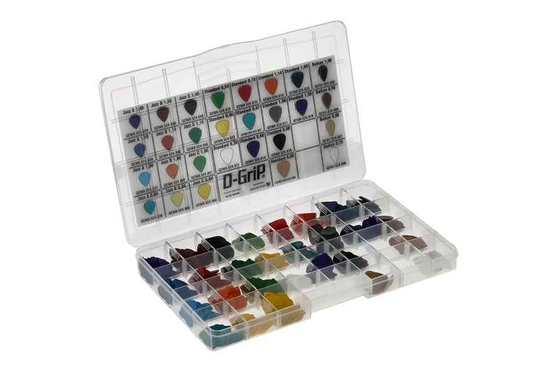 D-Grip Plectrum - Janicek Nylon Picks - Assortment Box Standard 351, Jazz A, Jazz B, C, Balkan - 560 Pieces - 28 x 20 Pieces - All Varieties - All Thicknesses - Made in Czech Republic