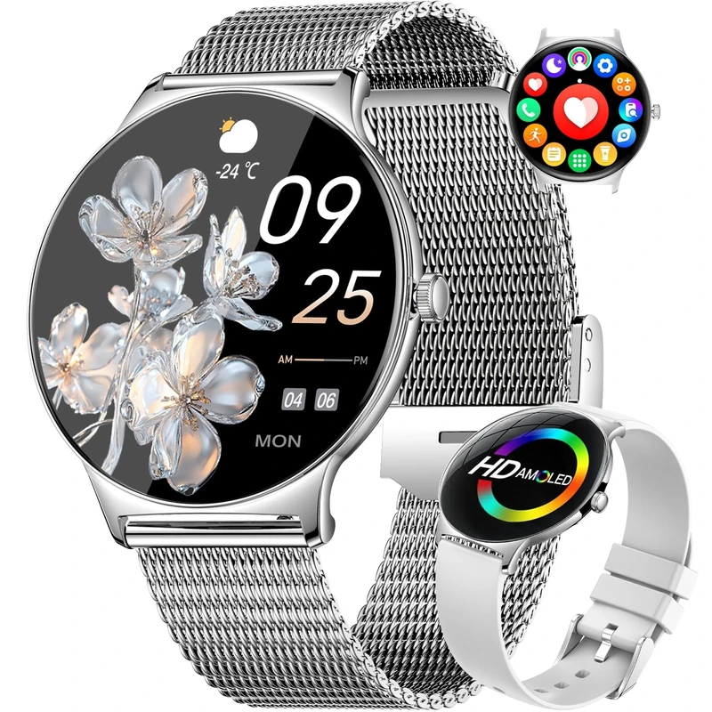 HIRREO Smart Watch for Women Answer/Make Calls & AI Voice, 1.43" AMOLED Ultra-Thin Lightweight for Android iOS, Female Health/Menstrual Cycle, 100+ Sports Modes Fitness Tracker