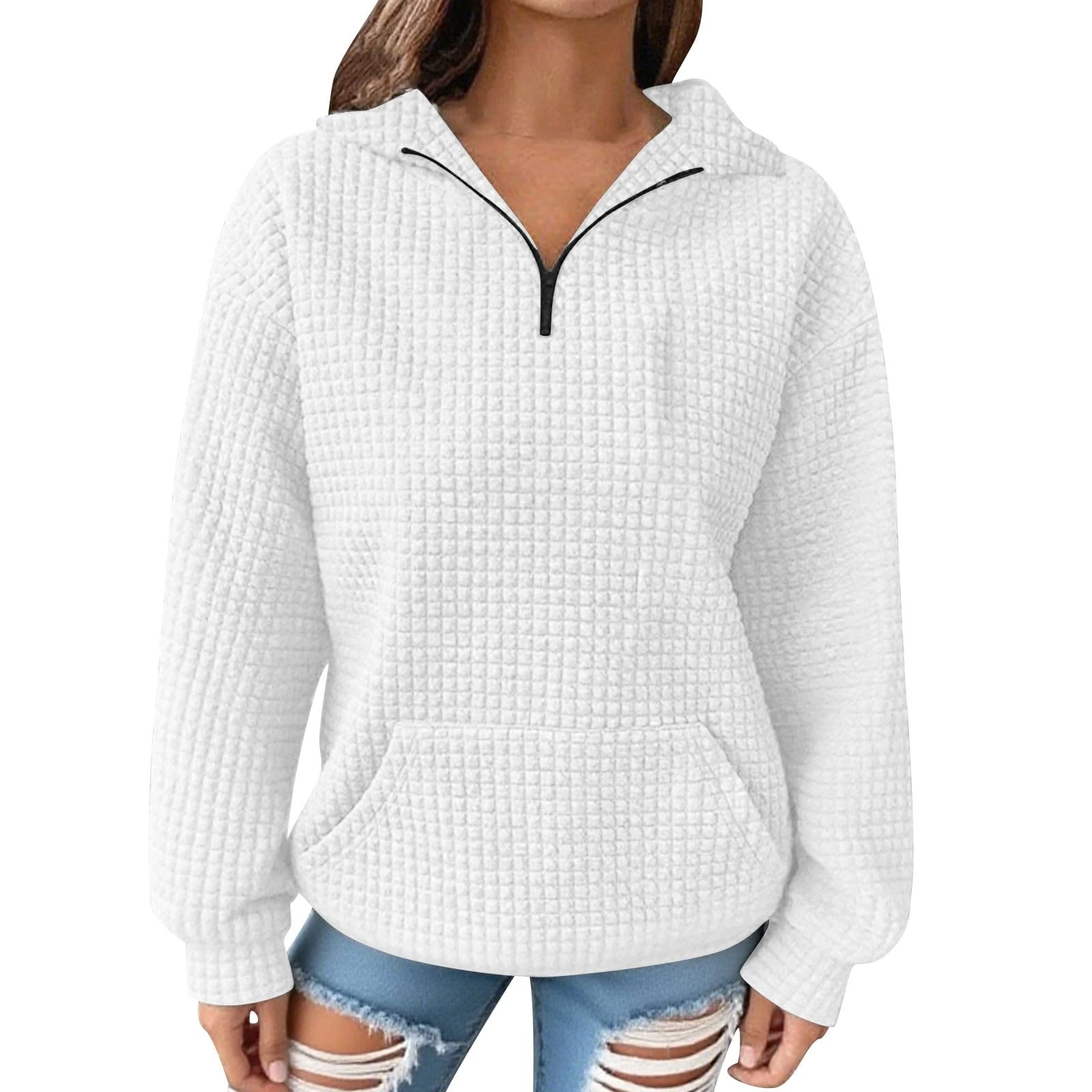 KUIH Womens Sweatshirt Casual Waffle Top Long Sleeve Stand Collar 1/4 Zip Pullover Jumpers Lades Fashion Casual Warm Cosy Tops Ladies Half Zip Sweatshirt with Pocket Office Work Dairy Wear