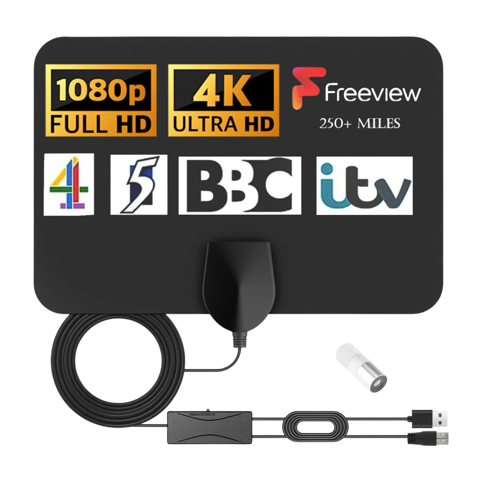 TV Aerial Indoor, Long Range 250+ Miles, Amplified HD TV Digital Antenna with Signal Booster, Supports 4K & 1080P HDTV, 16.4ft Coaxial Cable, for Freeview TV